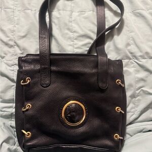 Black Leather Tote Bag with Gold Accents